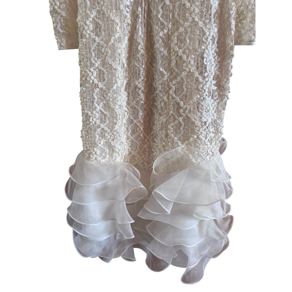 Vintage Pat Richards Cocktail Wedding Dress Ivory Lace Body Ruffled Hem *No Size - Picture 5 of 12